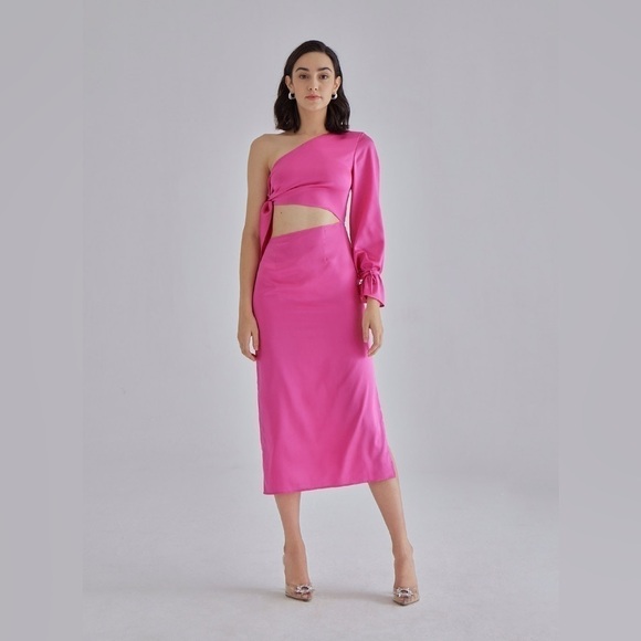 Silk Maison Hot Pink Silk Cut out Asymmetrical One Shoulder Midi Slip Dress NWT - Picture 1 of 16
